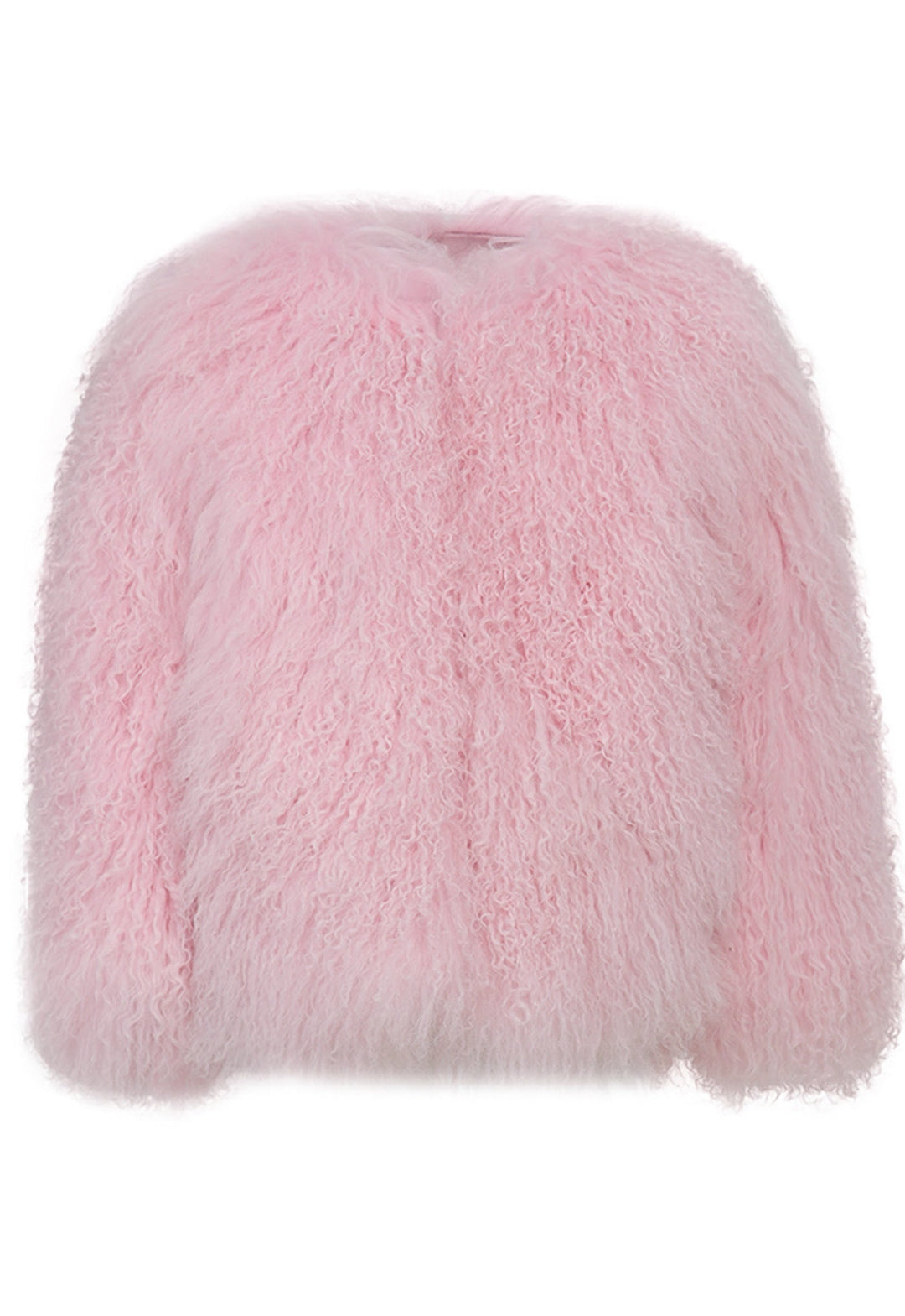 A baby pink Mongolian coat, crafted from soft fur that exudes luxury and sophistication. The coat's striking color and design make it perfect for stylish winter outings.